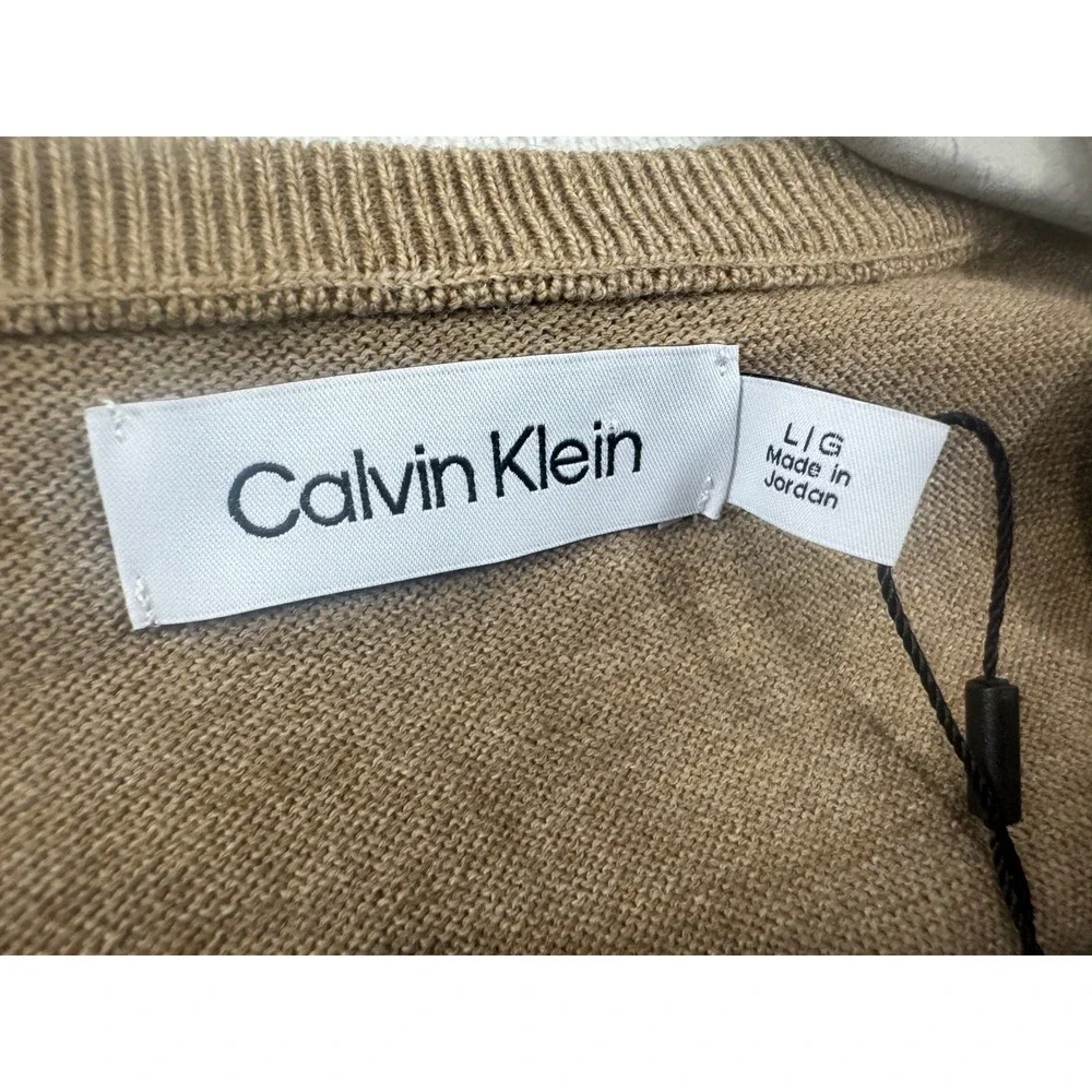 Calvin Klein Mens Merino Wool Blend Crewneck Sweater Camel Tan L S104-0001 NWT